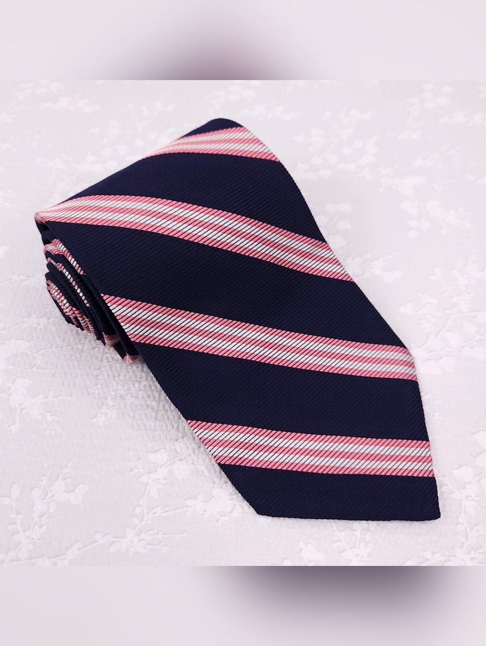 Brooks Brothers Silk Tie Navy Blue Pink White Diagonal Repp Stripes 58" x 3.75"